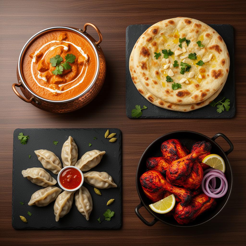 Butter chicken, garlic naan, chicken momo, and tandoori chicken